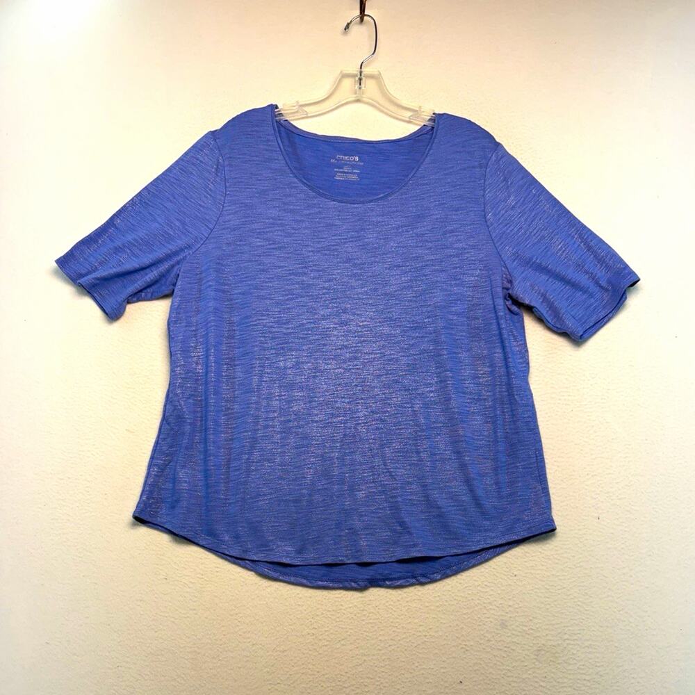 Chico's women’s glitter Tee Size 2 Blue Scoop Neck Short Sleeve casual sparkle